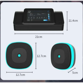 Black rectangular device with a touchscreen display and two circular, black-and-cyan components below it.
