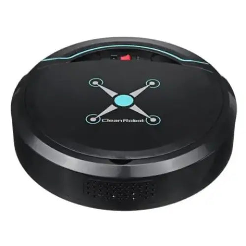 Black circular robotic vacuum cleaner with a teal logo and red power button.