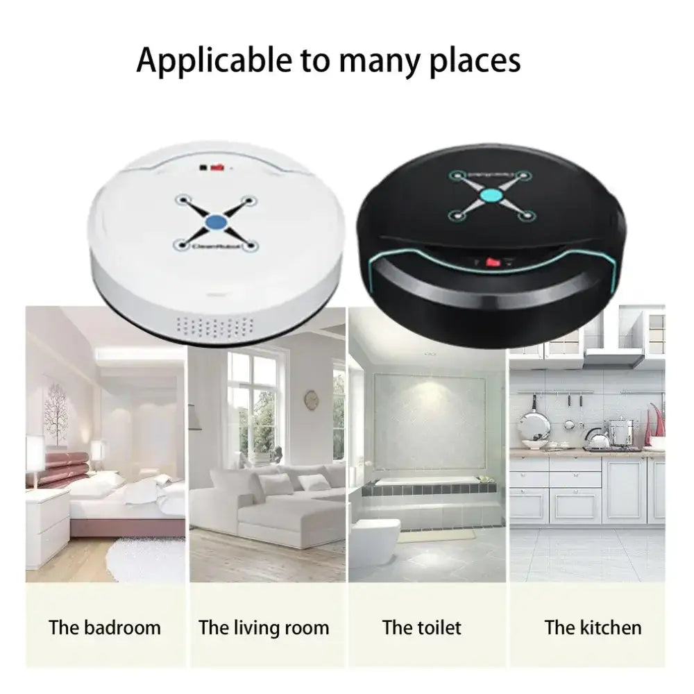White and black circular robotic vacuum cleaners with a central blue light, designed for use in various rooms.