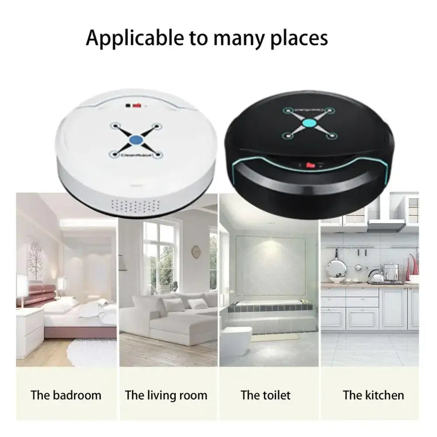 White and black circular robotic vacuum cleaners with a central blue light, designed for use in various rooms.