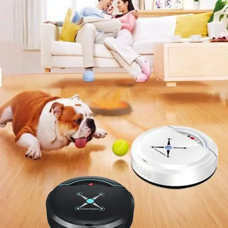 White and black circular robotic vacuum cleaners with sleek, modern designs featuring illuminated control panels.