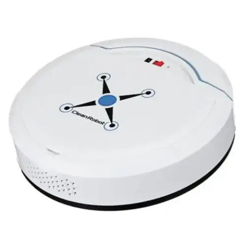 White circular robotic vacuum cleaner with a blue and black logo, featuring a sleek plastic body and visible sensor ports.