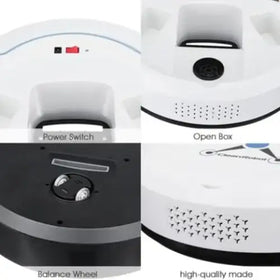 White circular robotic vacuum cleaner with black accents, featuring a power switch and open box design.