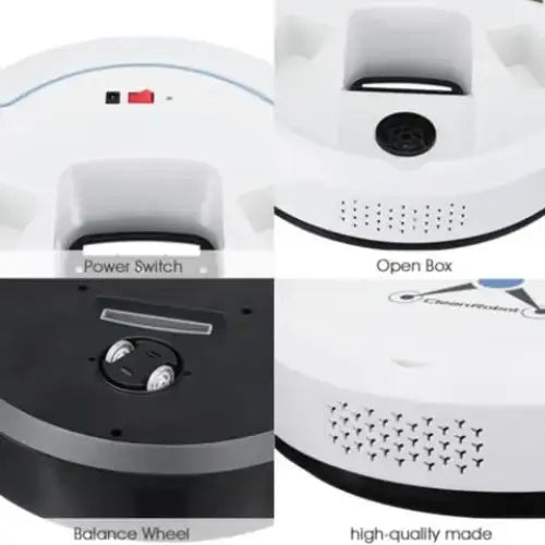 White circular robotic vacuum cleaner with black accents, featuring a power switch and open box design.