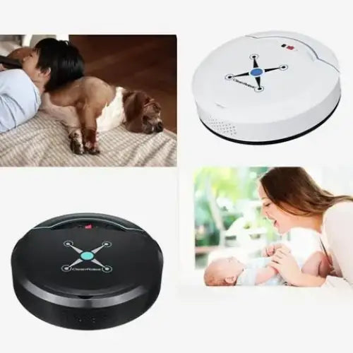 White circular robot vacuum cleaner with a blue center and black accents