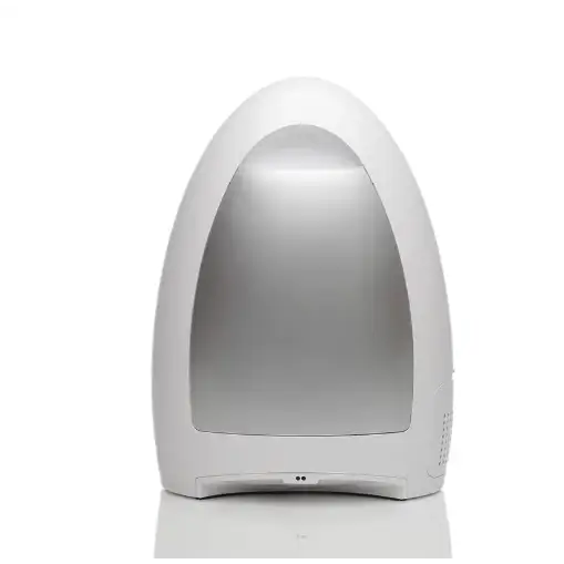 White egg-shaped air purifier with a sleek, modern design and a translucent front panel.