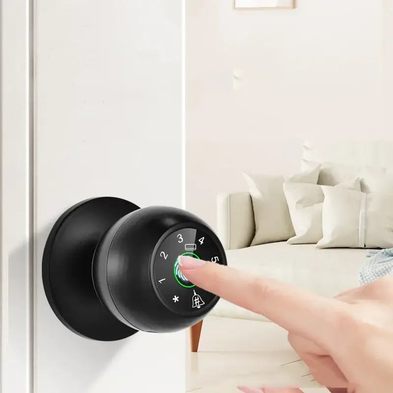 Black matte-finish smart door handle with circular digital keypad and illuminated green numbers