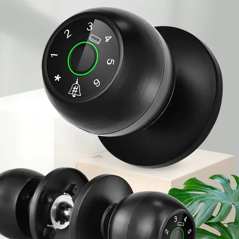 Black matte-finish smart door handle with circular digital keypad displaying green illuminated numbers and symbols.