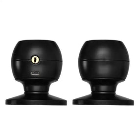 Black spherical smart door locks with a gold-colored keyhole and usb-c port.