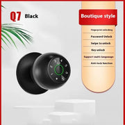 Black q7 smart door handle with a circular keypad featuring green illuminated numbers and symbols for fingerprint, password, swipe, or key unlock.
