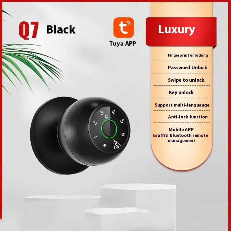 Black q7 smart door lock with a circular keypad and fingerprint sensor, designed for modern security.