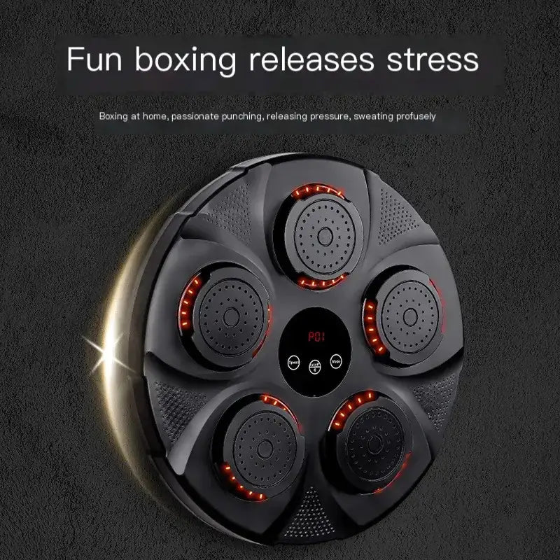 Black circular stress-relief boxing pad with red led lights around each punching zone and a central digital display.