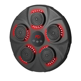 Black circular device with five red led-lit nozzles and a central digital display showing ’poi’.