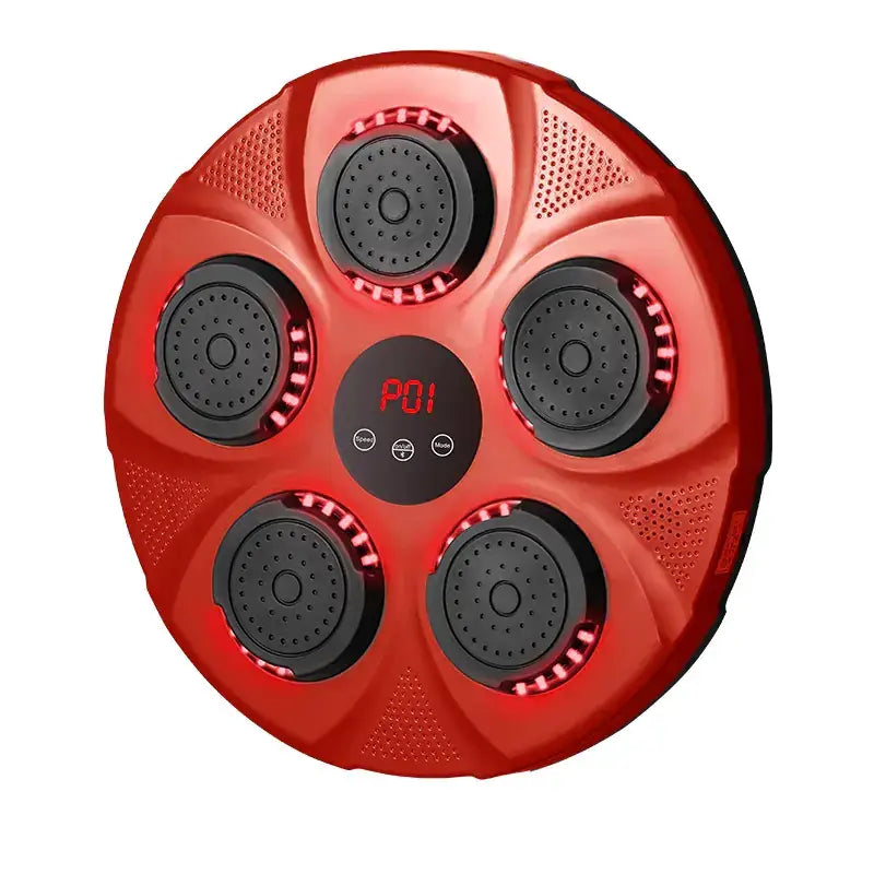 Red circular shower head with five black spray nozzles and a central digital display.
