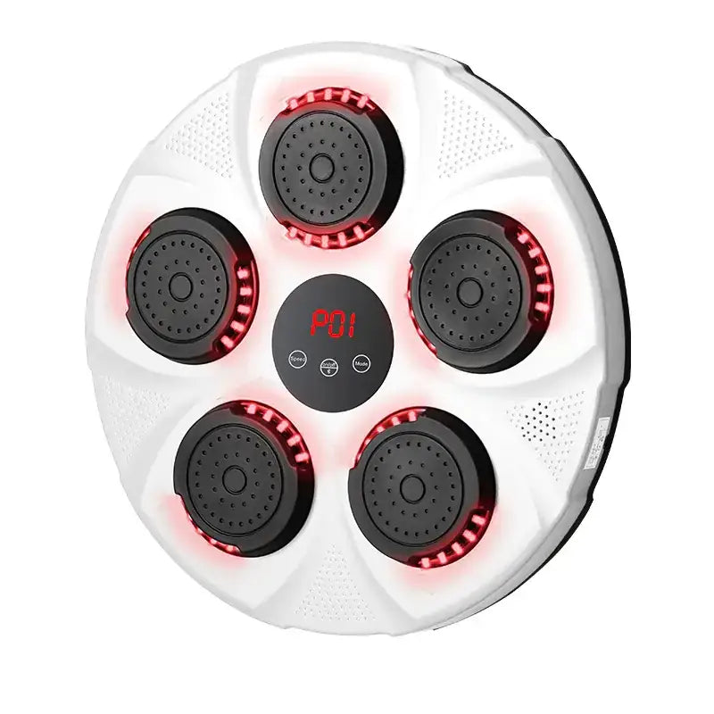 White circular foot spa with five black massage jets emitting red led lights and a central digital display showing ’p01’’.