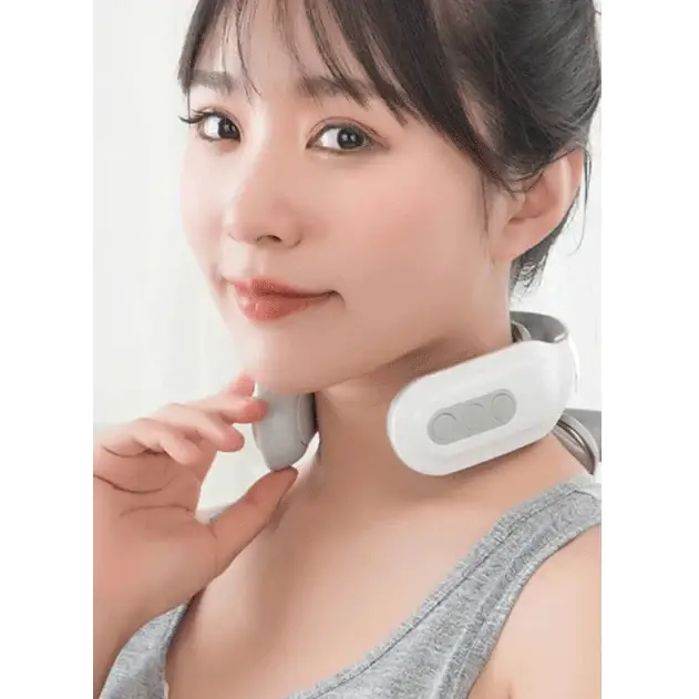 White and gray electric neck massager with a sleek, ergonomic design.