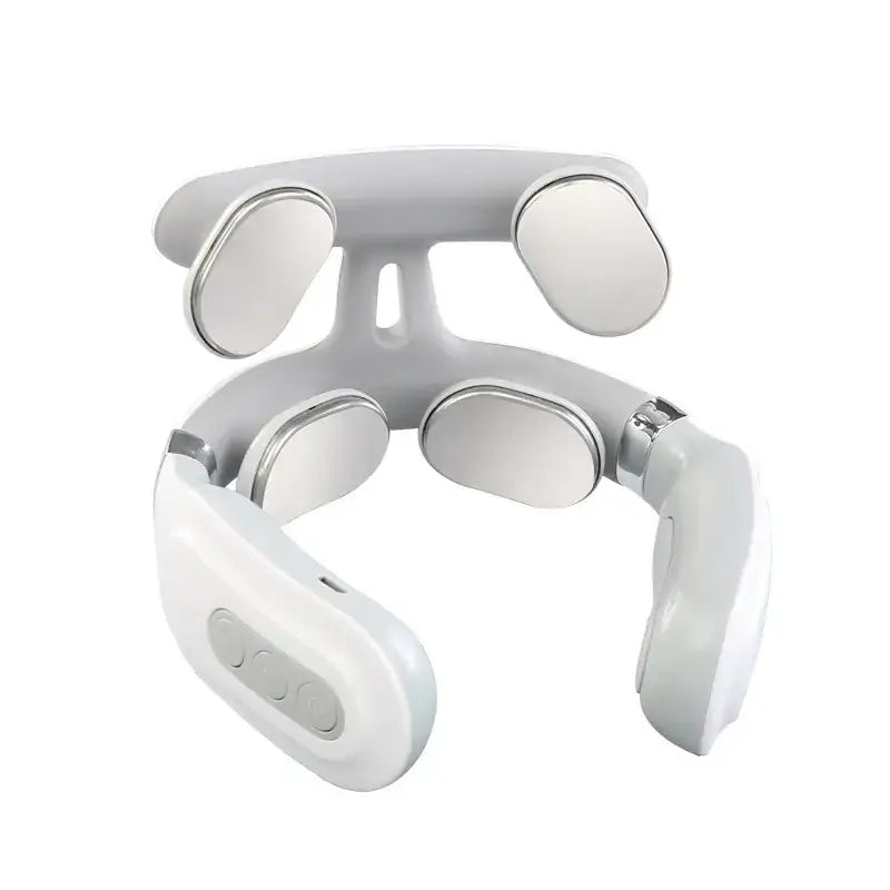 White plastic neck massager with four circular massage heads and a control panel on the side.