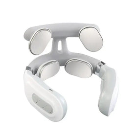 White plastic neck massager with four circular massage heads and a control panel on the side.