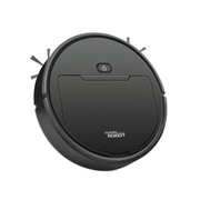 Black circular robot vacuum cleaner with a sleek matte finish and the ’clean robot’ logo on its surface.