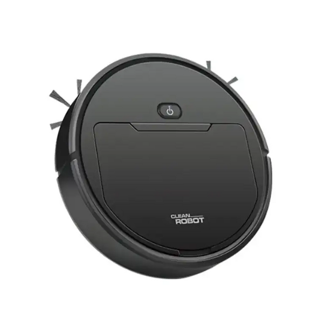 Black circular robot vacuum cleaner with a sleek matte finish and the ’clean robot’ logo on its surface.