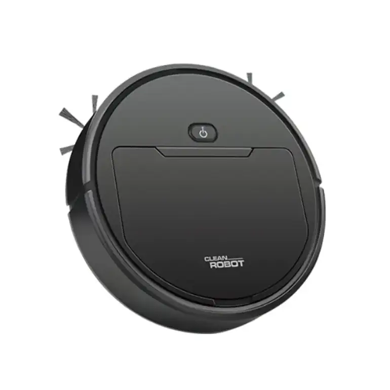 Black circular robot vacuum cleaner with a sleek matte finish and the ’clean robot’ logo on its surface.