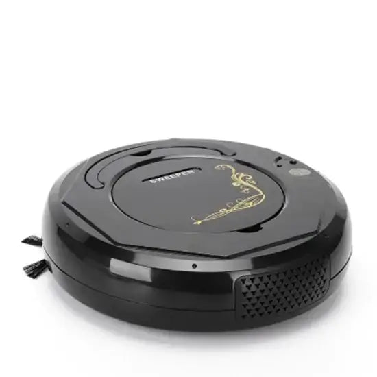 Black circular robot vacuum cleaner with gold decorative lizard design and brand logo on top.