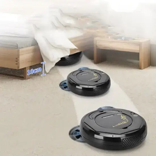 Black circular robotic vacuum cleaners with gold-colored logos and blue accents on the sides.
