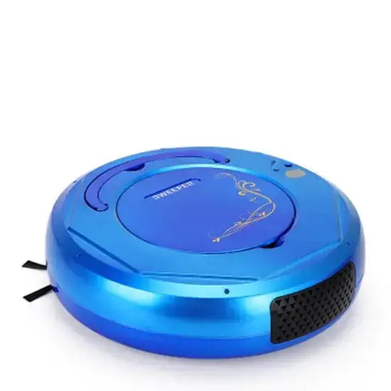 Blue circular robotic vacuum cleaner with a glossy finish and gold decorative swirls on the top.