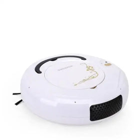 White circular robot vacuum cleaner with black accents and gold decorative swirls on the top surface.