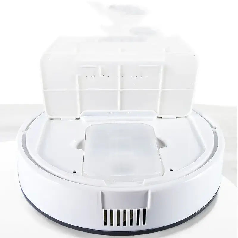 White circular robot vacuum cleaner with a transparent water tank on top and black trim along the base.