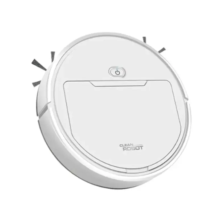 White circular robotic vacuum cleaner with a sleek, minimalist design and the ’clean robot’ branding on its surface.