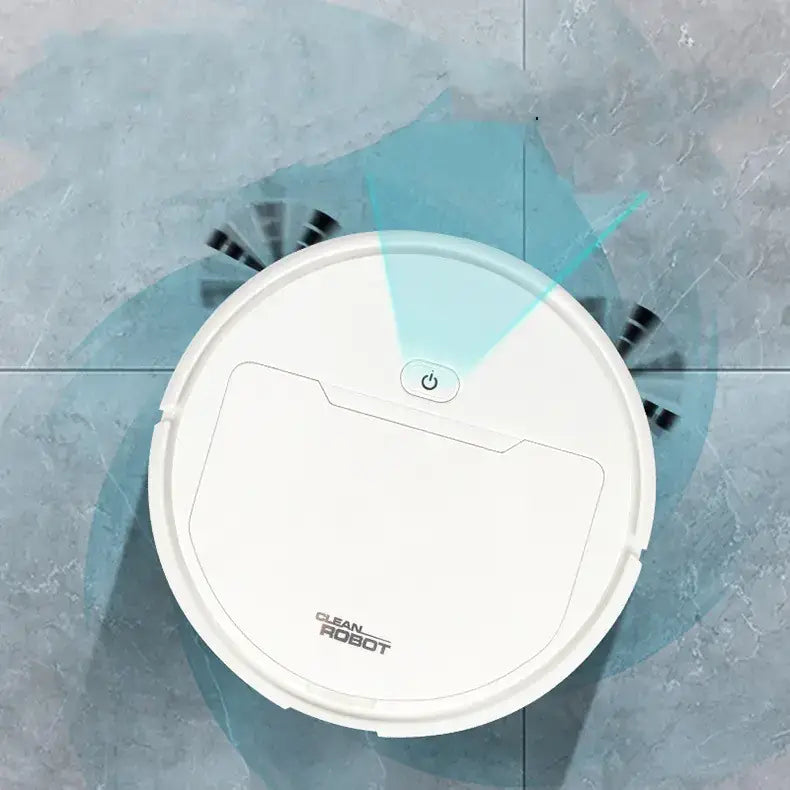 White circular robotic vacuum cleaner with a sleek, minimalist design and the ’clean robot’ branding on its surface.