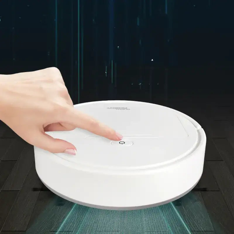 White circular robotic vacuum cleaner with a sleek, minimalist design and smooth plastic finish.