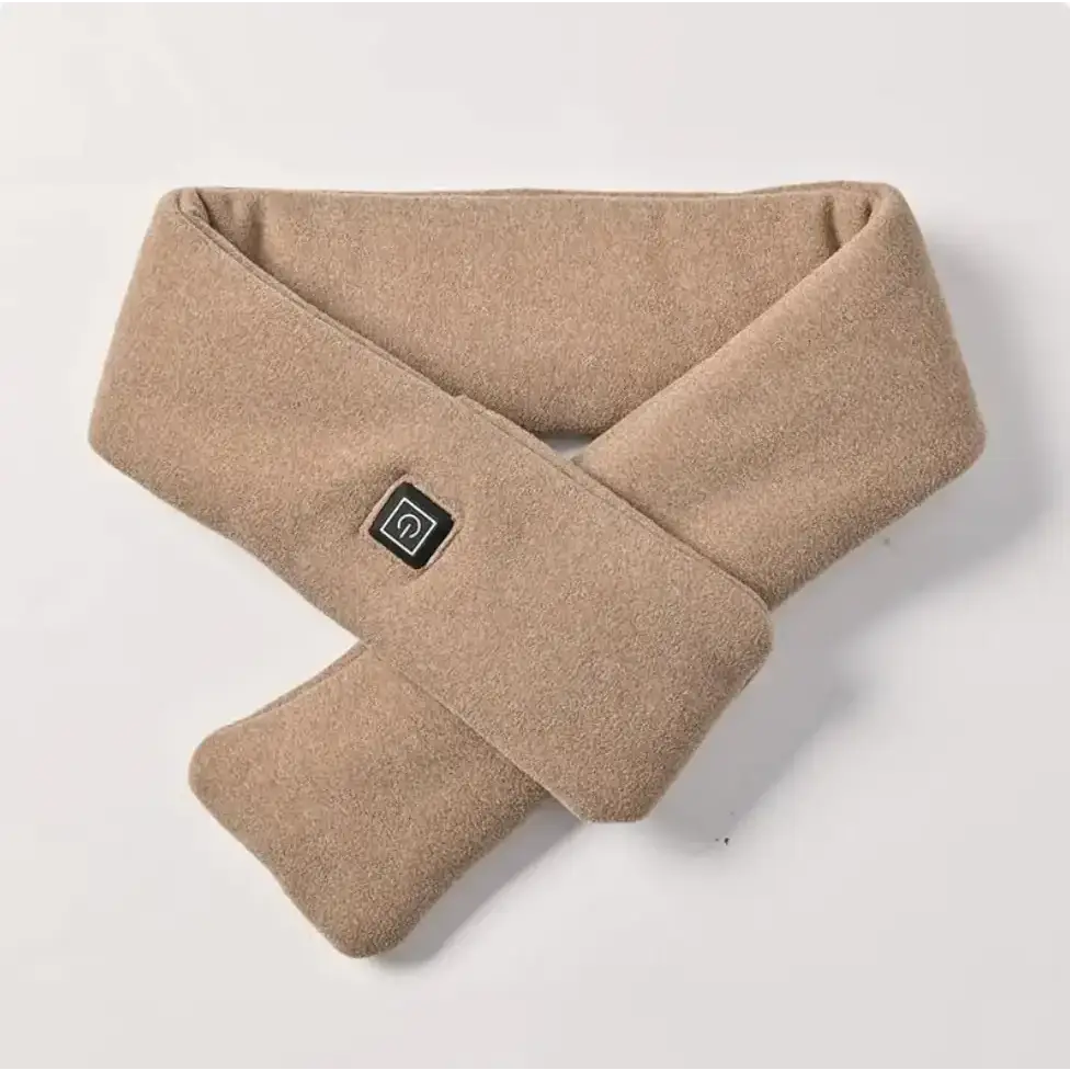 Beige heated scarf with a soft, textured fabric and a small black power button on the front.