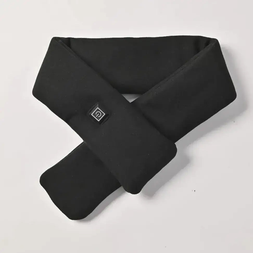Black heated scarf with a subtle power button patch on the fabric.