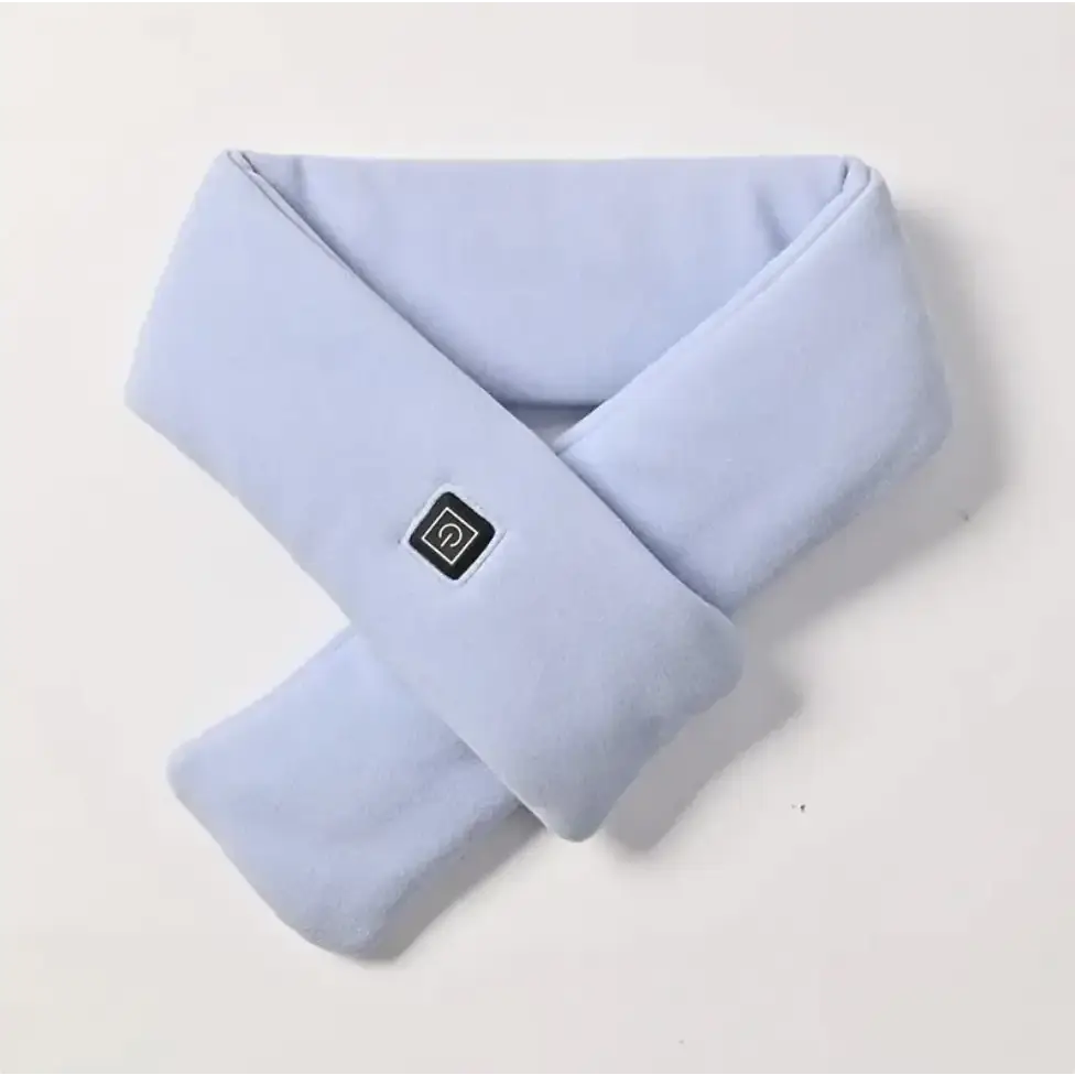 Light blue, plush-fabric heated scarf with a black square control button.