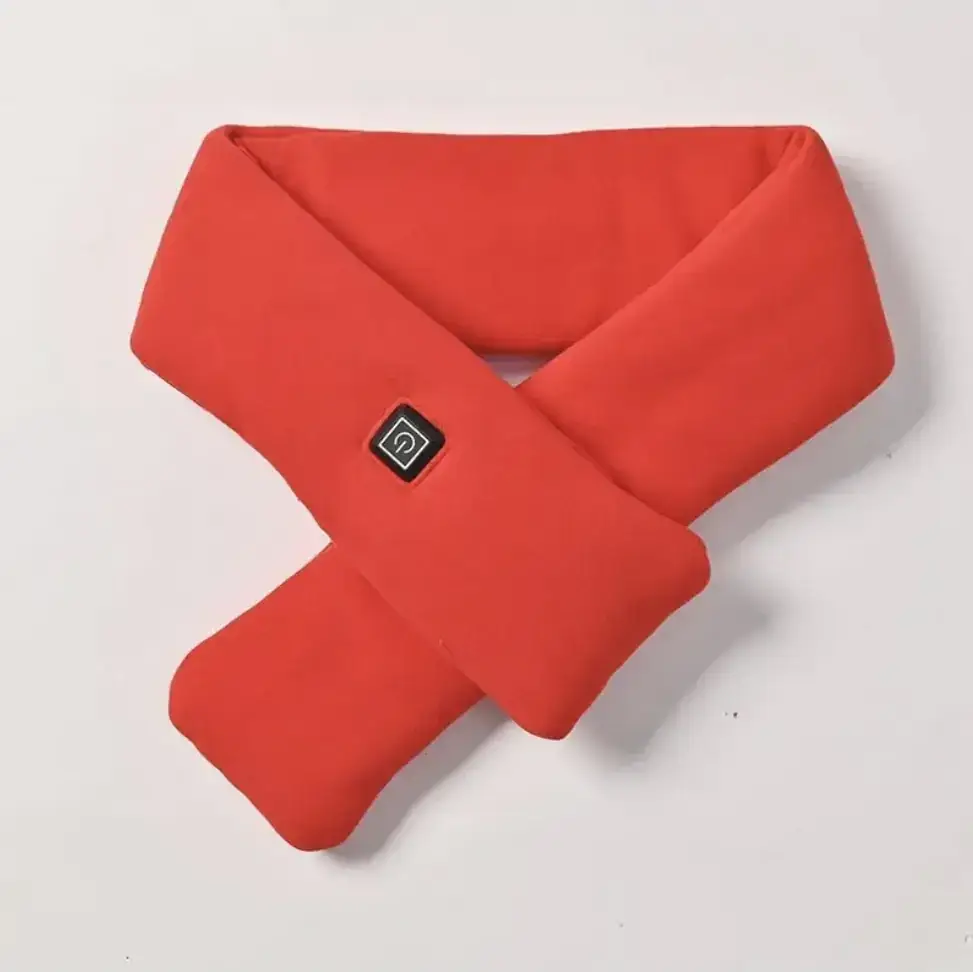 Bright red, soft fleece heated scarf with a black power button patch.