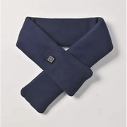 Navy blue fleece heated scarf with a small black rectangular control button featuring a white power symbol