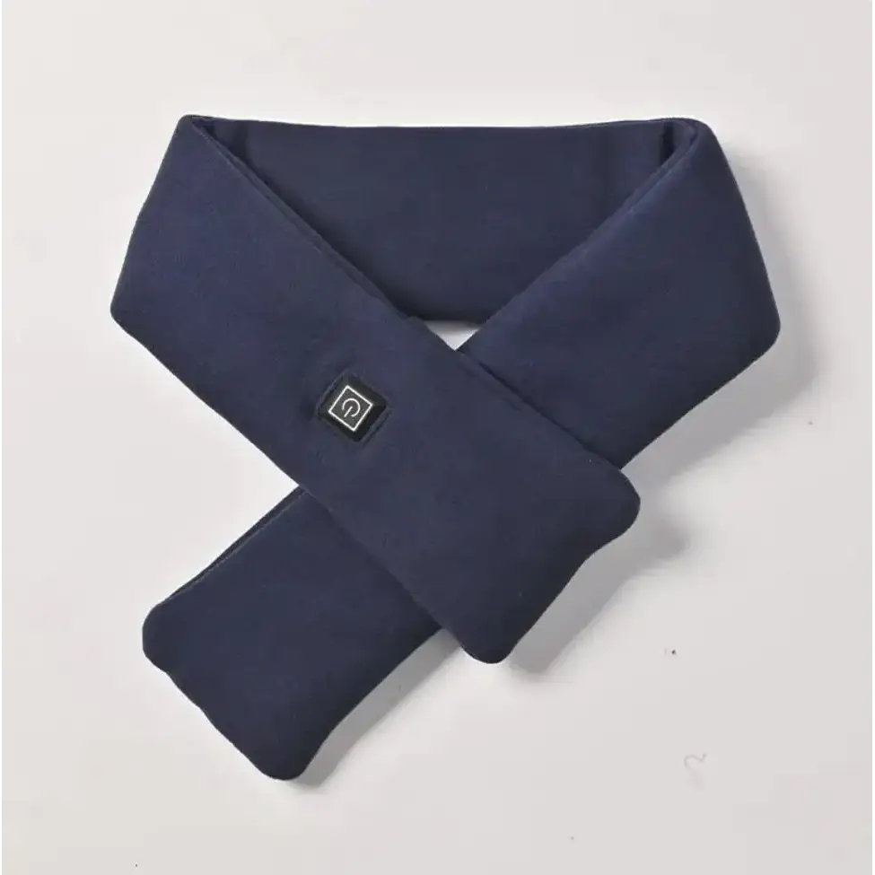 Navy blue fleece heated scarf with a small black rectangular control button featuring a white power symbol