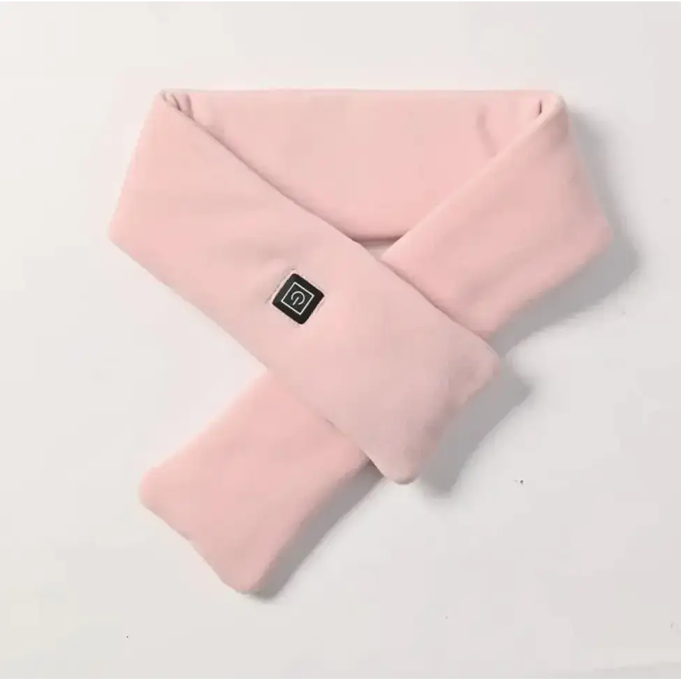 A soft pink, fleece-lined heated scarf with a black square control button on one end.