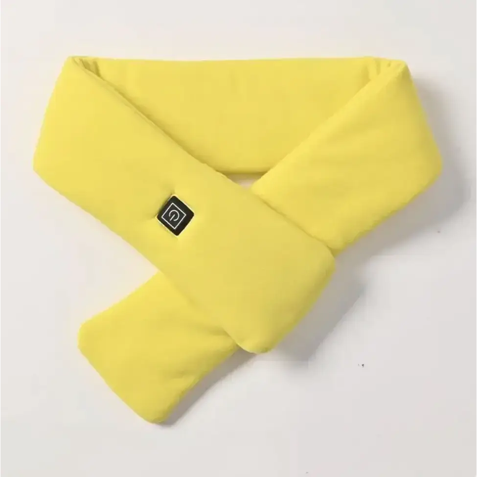 Bright yellow, plush electric heating scarf with a black control button.