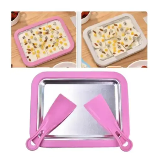 Pink silicone-rimmed ice cream making tray with two matching pink spatulas.