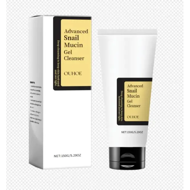 White tube of ouhoe advanced snail mucin gel cleanser with a black cap and gold label.