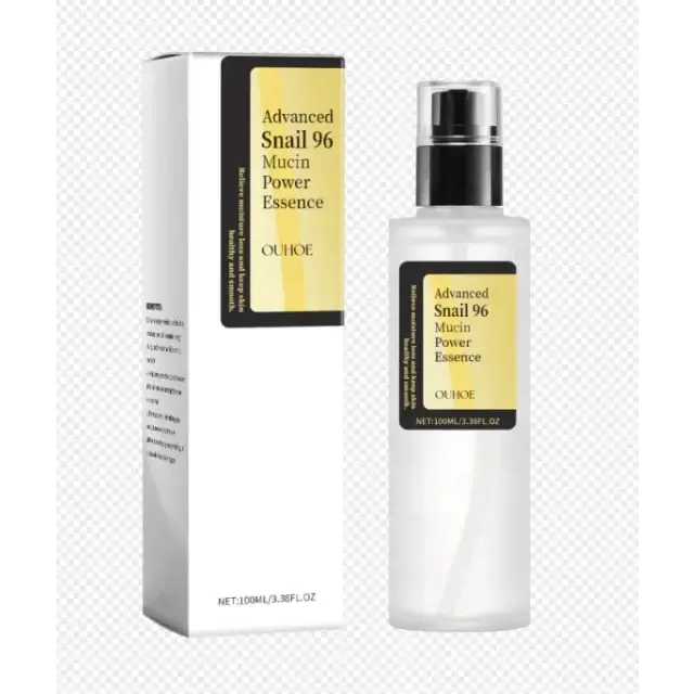 Clear glass bottle with black pump and gold label, containing ouhoe advanced snail 96 mucin power essence.
