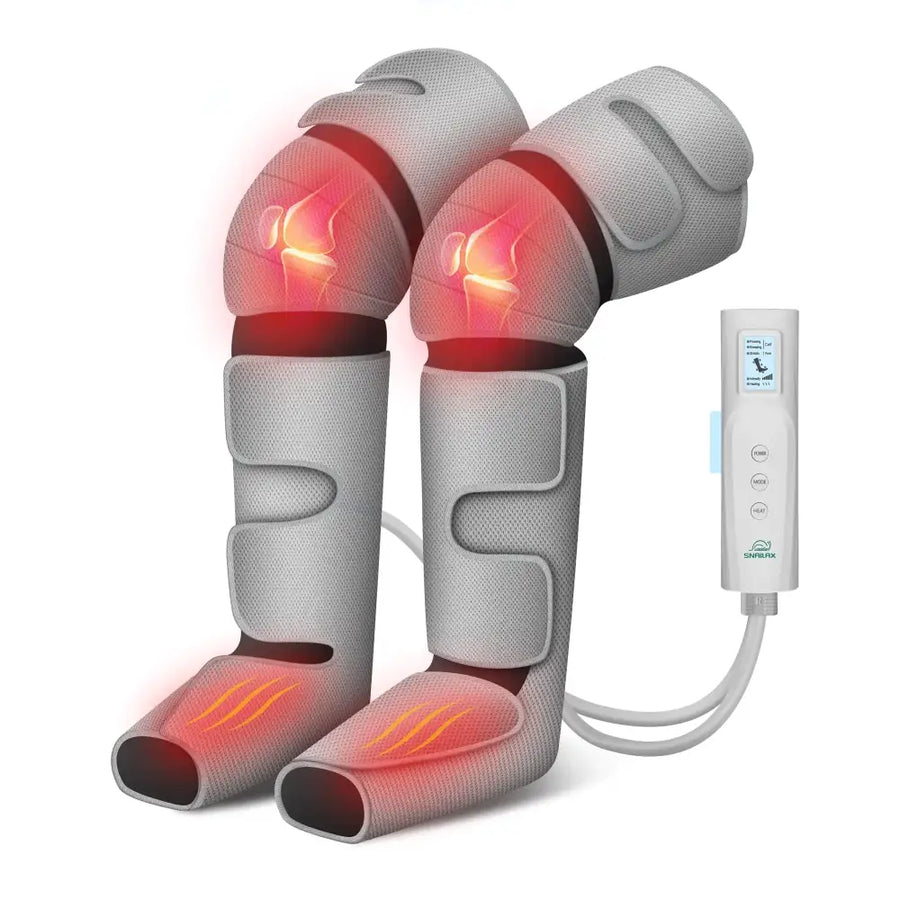 Gray mesh-covered knee and foot massage sleeves with red heating indicators, paired with a white control unit.