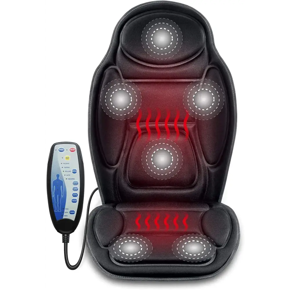 Black massage chair cushion with multiple circular massage nodes and a remote control.
