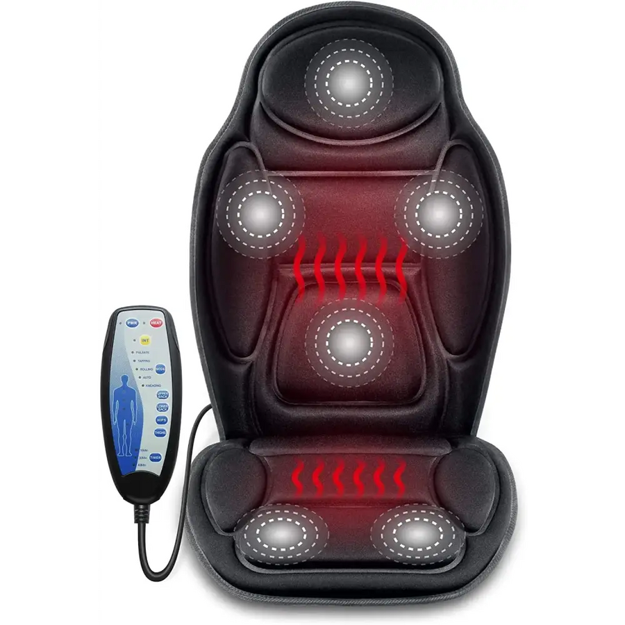 Black massage chair cushion with multiple circular massage nodes and a remote control.