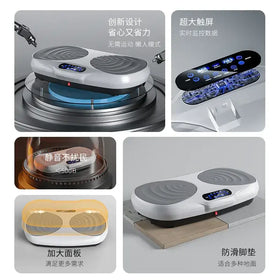 White and gray foot massager with a sleek, modern design featuring two circular massage pads, an illuminated digital display screen, and a built-in control panel.