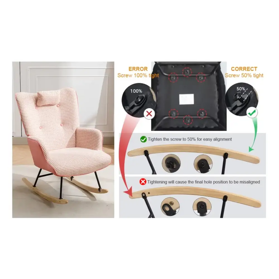 Pink checkered fabric rocking chair with black metal legs and wooden rockers