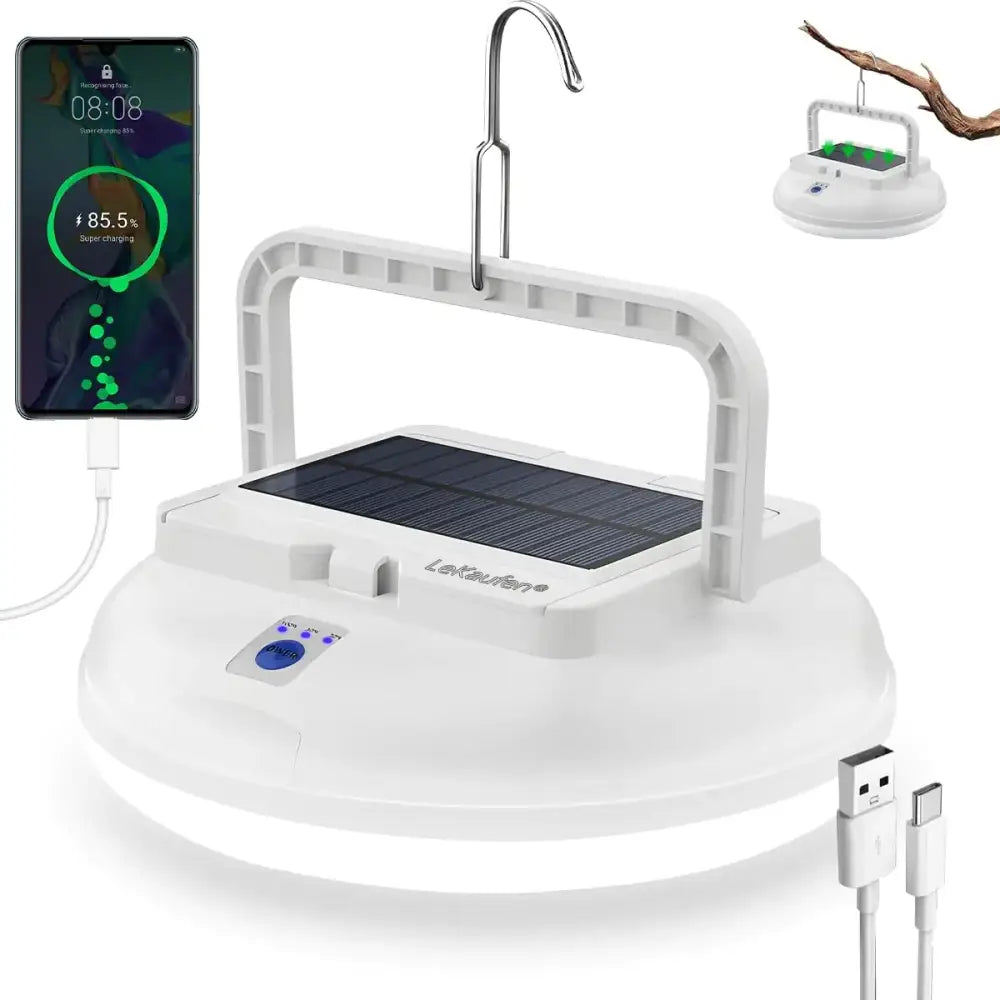White solar-powered led lantern with a handle and built-in usb ports for charging devices